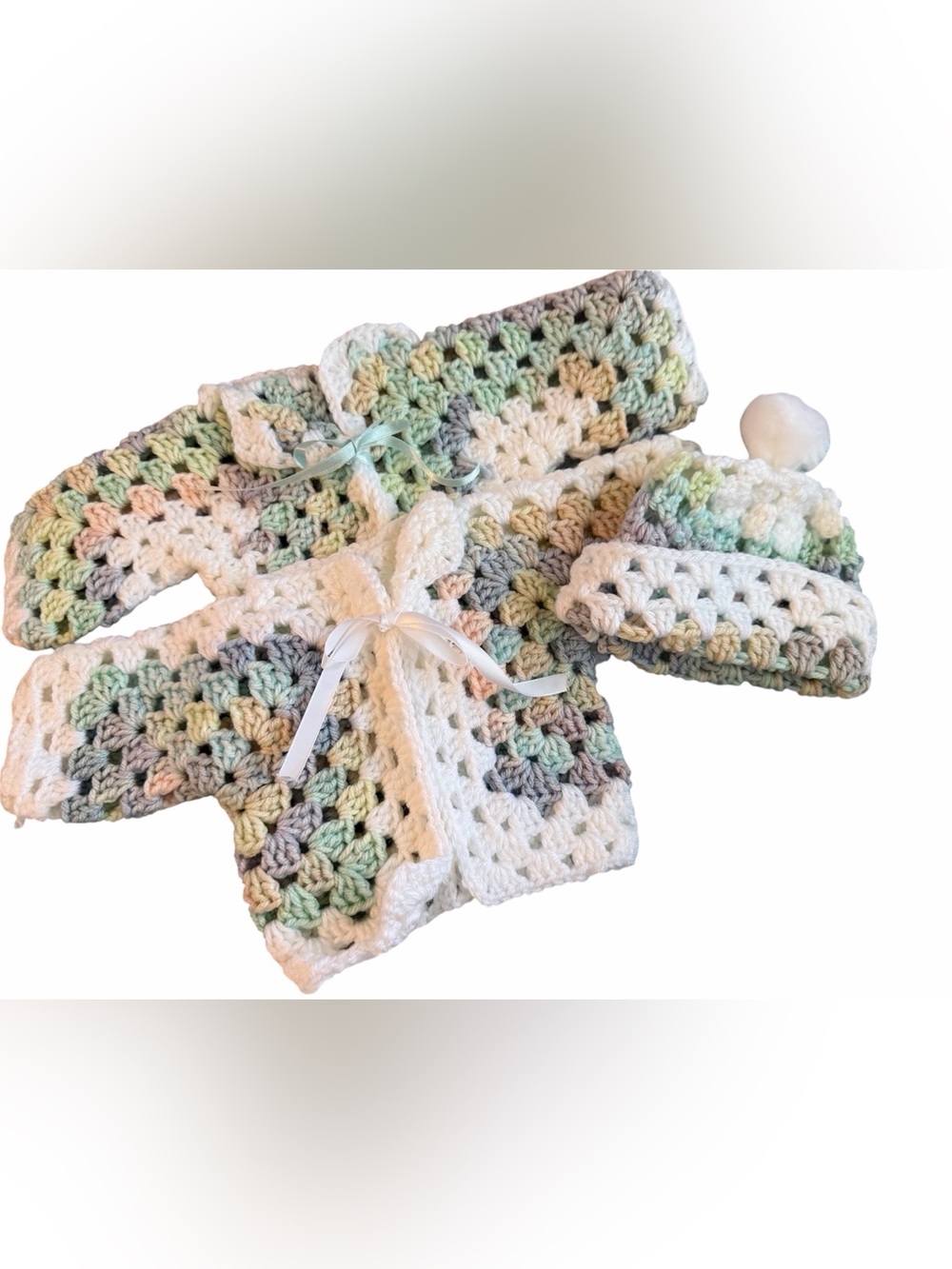 Handmade White Crochet Baby 2 Sweaters and Hat Set - Pastel Multicolor Accents